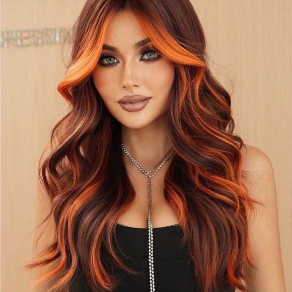 Flame Orange Highlight Wigs For Women Soft Long Wavy Wig With Curtain Bangs - Picture 1 of 6